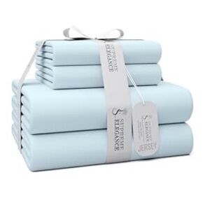 Supreme Elegance Light Blue Jersey Knit Queen Size Sheet Set New
